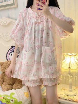 pijama đũi tay ngắn nữ