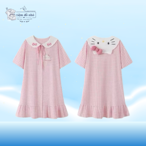 Váy Ngủ Dáng Suông Caro Hồng Kitty - Đầm Mặc Nhà Tay Ngắn Phối Cố Bèo Tiểu Thư