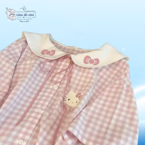 Váy Ngủ Dáng Suông Caro Hồng Kitty - Đầm Mặc Nhà Tay Ngắn Phối Cố Bèo Tiểu Thư