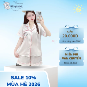 Set Pijama Lụa Đen Cao Cấp Thêu Gấu Dễ Thương – Bộ Đồ Ngủ Nữ Mùa Hè Mềm Mịn, Thoáng Mát