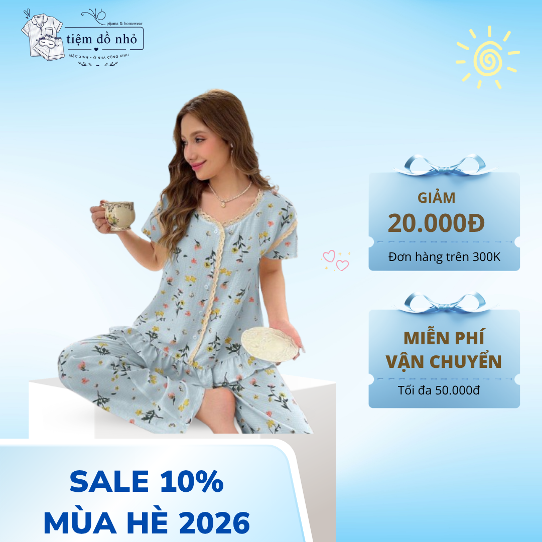 Bộ Pijama nữ tay ngắn quần dài hoa nhí - Ảnh 2