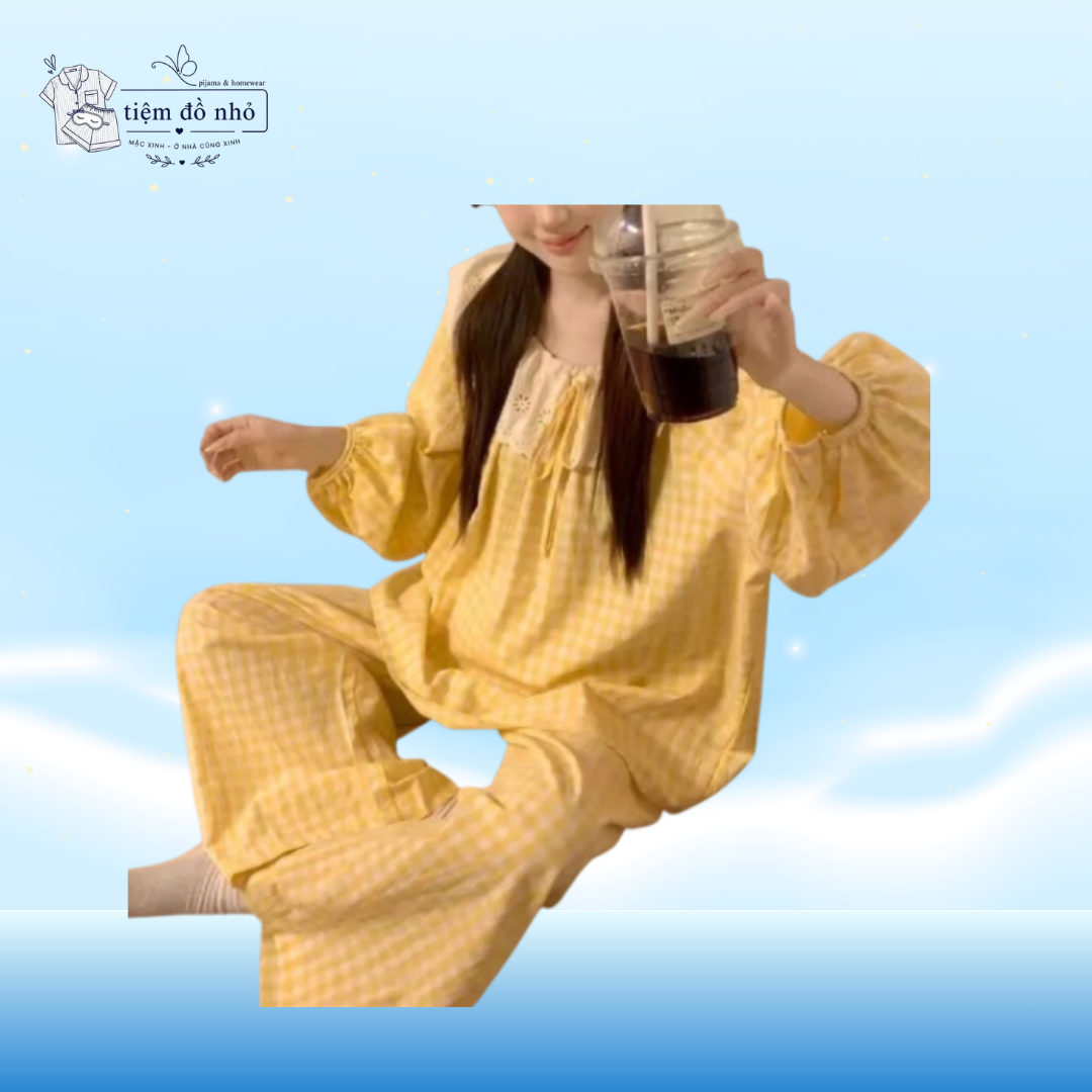 Bộ Đồ Ngủ Kiểu Nữ Kẻ Caro Mặc Nhà Mùa Hè Thắt Nơ Xinh Xắn, Áo Tay Dài Quần Dài - Ảnh 4
