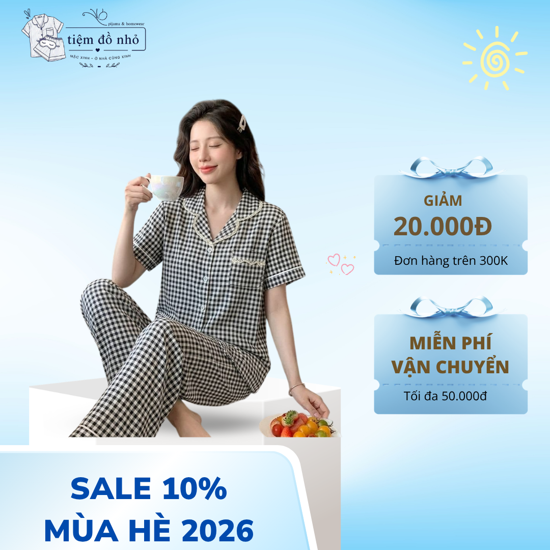 Set bộ Pijama nữ tay ngắn quần dài kẻ caro - Ảnh 4