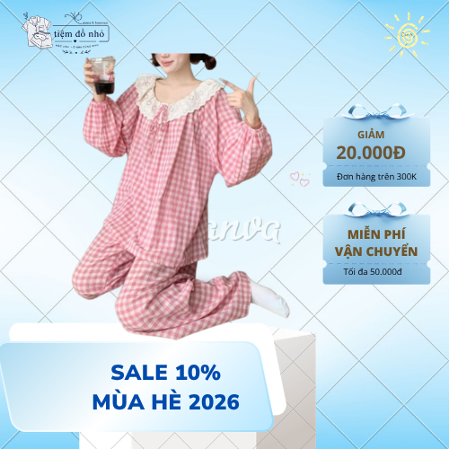 Bộ Đồ Ngủ Kiểu Nữ Kẻ Caro Mặc Nhà Mùa Hè Thắt Nơ Xinh Xắn, Áo Tay Dài Quần Dài
